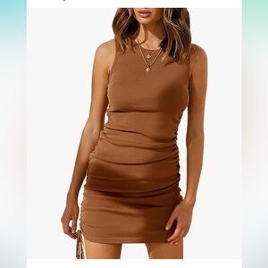 Brown Ribbed Ruched Side Tie Adjustable Sleeveless Dress